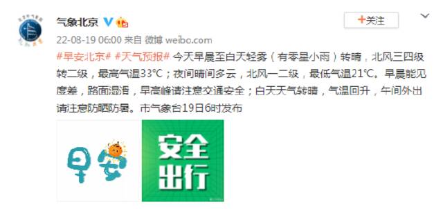 北京8月19日天气预报：早晨至白天轻雾转晴 最高气温33℃