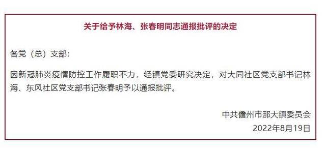 因疫情防控工作履职不力 海南儋州那大镇多名干部被问责