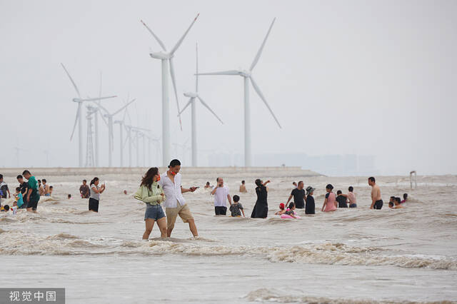 8月20日，江苏启东，市民和游客在黄金海滩风景区内的黄海滩涂上趟海水、拾贝壳、避高温。视觉中国图