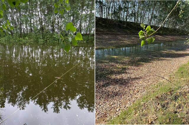 8月19日，湖北省荆州市江陵县内一处河段干枯前后对比。图/受访者提供