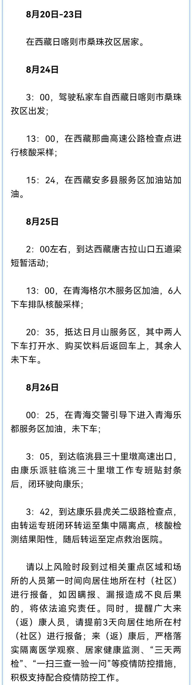 甘肃临夏康乐县检出6例阳性感染者 均有西藏旅居史