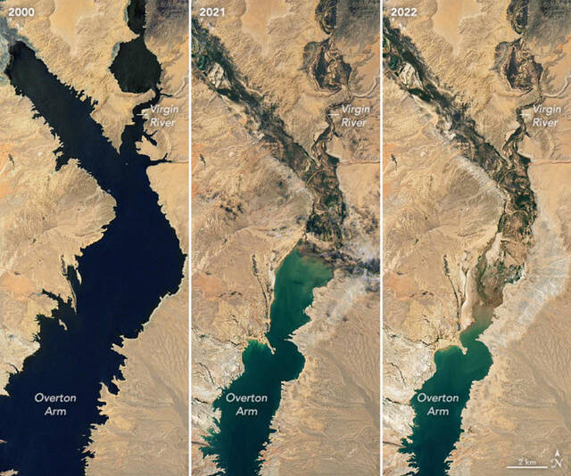 ↑米德湖近3年水面面积对比（从左至右分别为2000年、2021年和2022年）