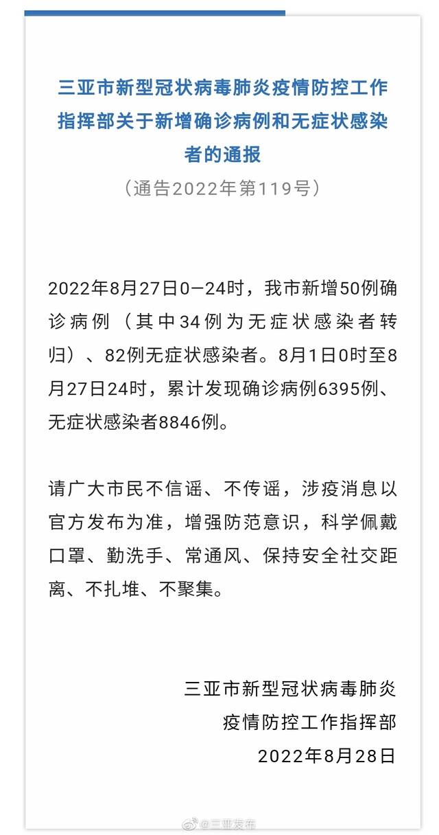 8月27日0—24时 三亚新增50例确诊82例无症状感染者