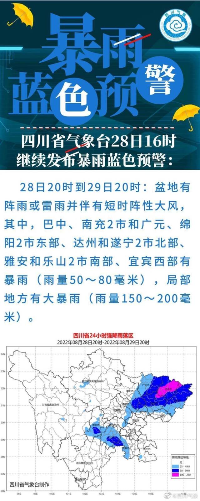 四川发布暴雨蓝色预警：28日20时到29日20时，9市部分有暴雨，局地有大暴雨