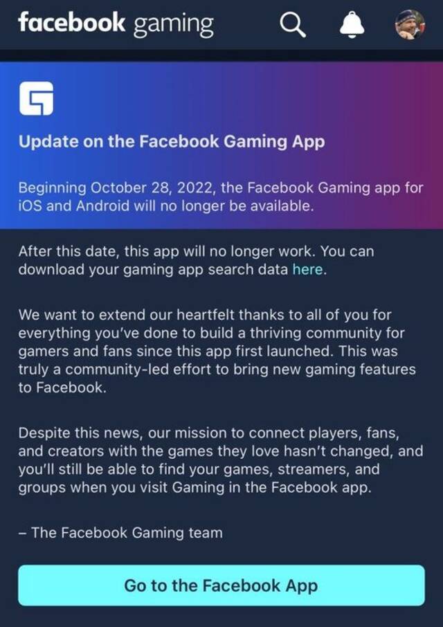 Meta宣布旗下Facebook Gaming游戏直播App将停止运营