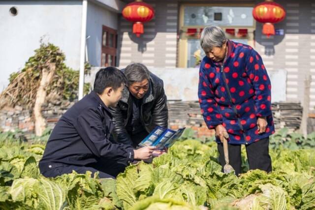 江苏省泰州市海陵区苏陈派出所民警在苏陈社区田间地头向农户进行普法宣传（2021年12月4日摄）。新华社发（汤德宏摄）