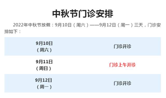 上海市三级医院“中秋”假期门急诊安排一览