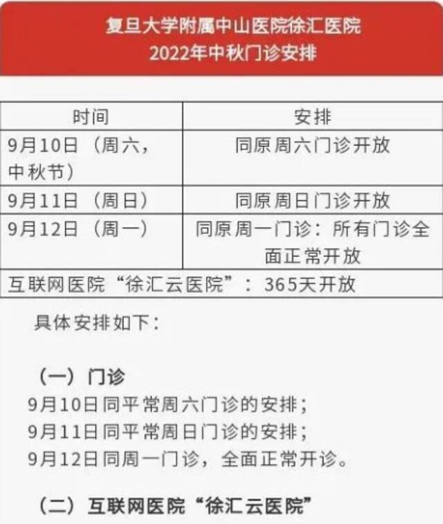 上海市三级医院“中秋”假期门急诊安排一览