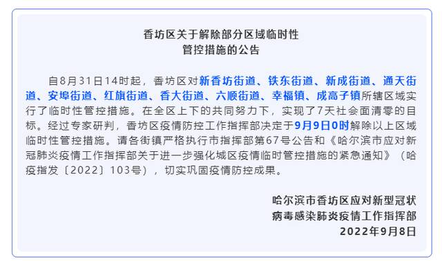 黑龙江哈尔滨市香坊区解除部分区域临时性管控措施