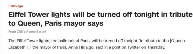 巴黎市长：埃菲尔铁塔今晚将熄灯以致敬英国女王伊丽莎白二世