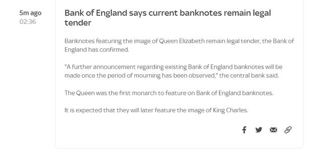 英国媒体：印有女王头像的钞票仍为法定货币