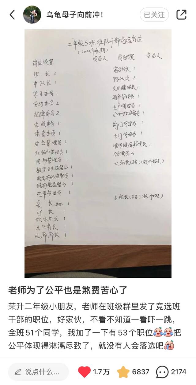 51个娃设53个班干部岗位，这位班主任好会！网友沸了