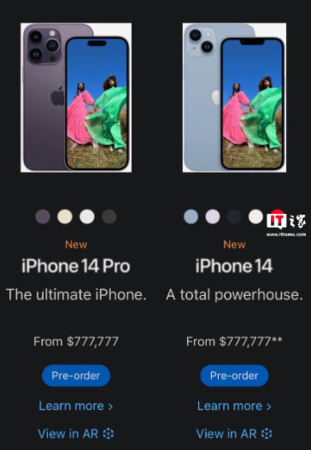 苹果官网出现标价错误，所有iPhone售价777777美元