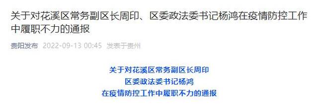 贵阳：花溪区副区长周印、区委政法委书记杨鸿在疫情防控工作中履职不力