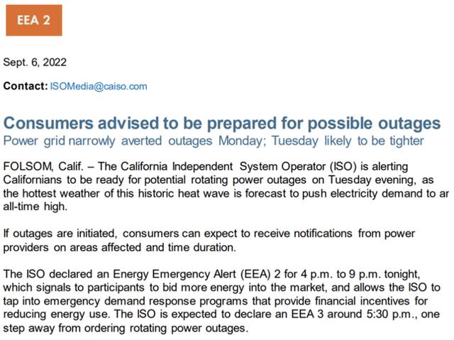 CAISO能源紧急警报截图。