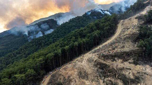 8月25日，重庆北碚缙云山，山火逼近隔离带，志愿者们组成“防火长城”，往山上运送物资。新京报记者郑新洽摄