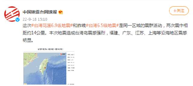 这次台湾花莲6.9级地震和昨晚台湾6.5级地震是同一区域的震群活动