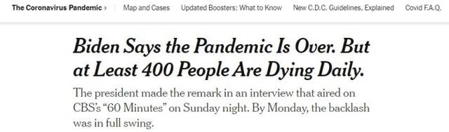 美国总统拜登宣布新冠疫情结束，但美国每天仍有至少400人死于疫情。图片来源：《纽约时报》报道截图