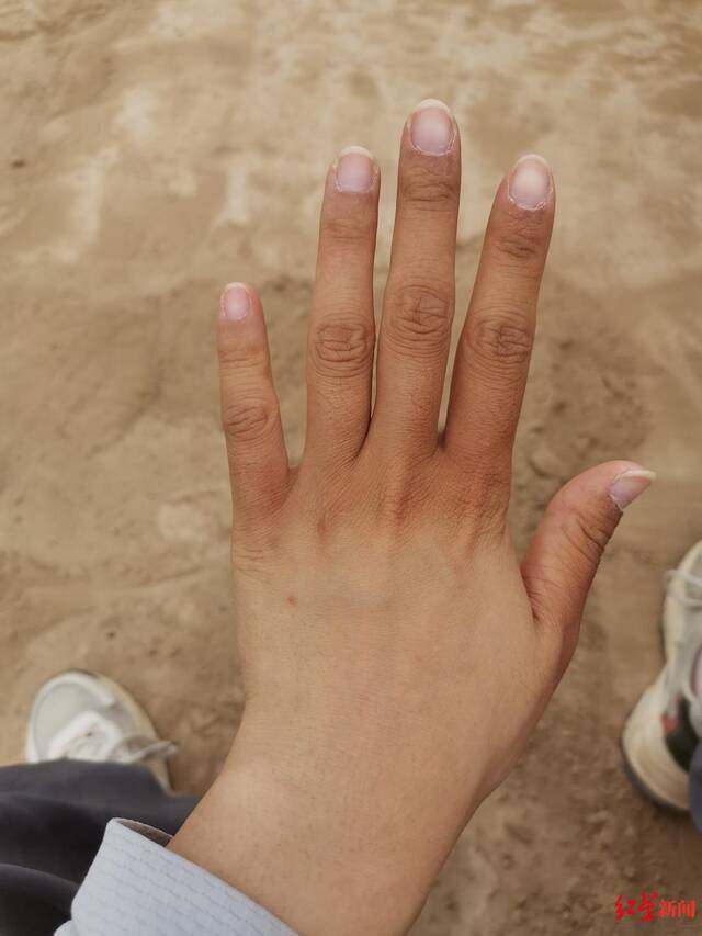 ↑田野考古人员的手被晒出肤色差