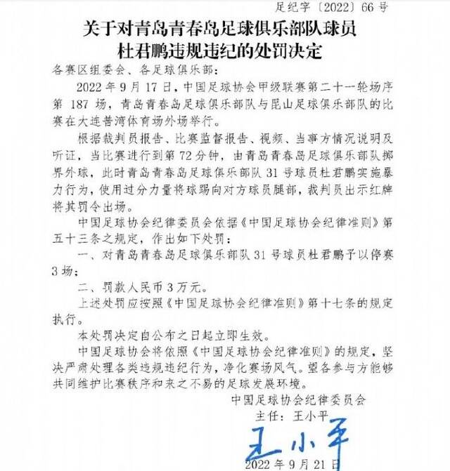 中国足协在其官网公布的处罚决定。图/中国足协官网