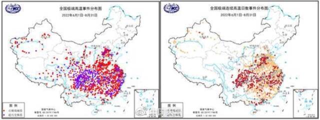 2022年夏季全国极端高温（左）及极端连续高温日数事件（右）分布。（图片来源：国家气候中心）