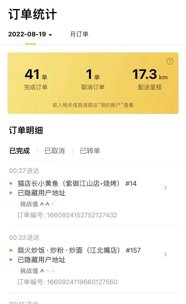 8月19日，何成送外卖最多的一天，送了41单。