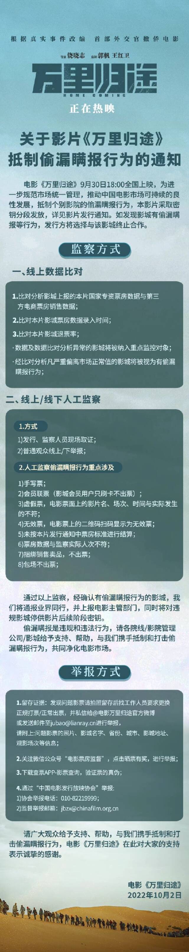 电影《万里归途》关于抵制偷漏瞒票房行为的声明