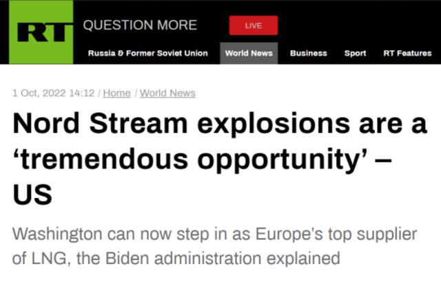 俄媒注意到：布林肯公开称“北溪”管道爆炸是“巨大的机会”