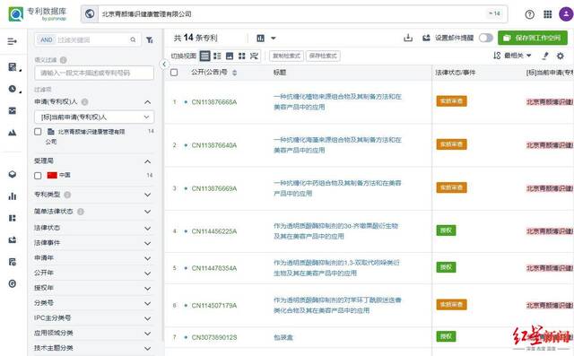 ↑北京青颜博识健康管理有限公司专利申请情况（部分截图）