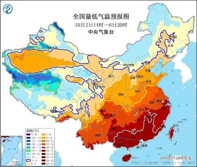 中央气象台10月2日发布寒潮蓝色预警 中东部大部将普降8-12℃