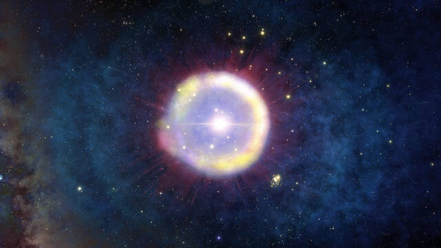 艺术家笔下对早期宇宙大质量恒星III的印象(Credit: NOIRLab/NSF/AURA/J. da Silva/Spaceengine)