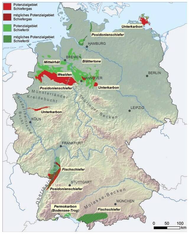 德国页岩气主要集中于鲁尔区北方的下萨克森州，其可开采储量足以供应德国天然气需求20年。图源：汉诺威地质研究中心