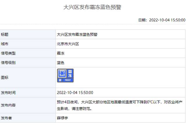 注意防范！北京多区发布霜冻蓝色预警