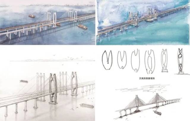 泉州湾跨海大桥手绘图及方案构思演变（图源：铁四院严爱国团队）