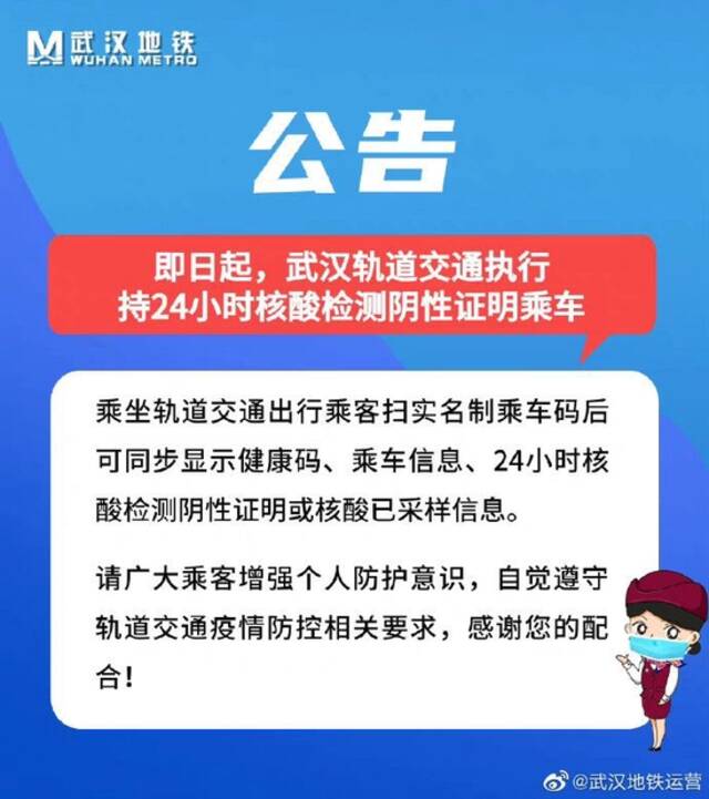 即日起，武汉轨道交通执行持24小时核酸检测阴性证明乘车