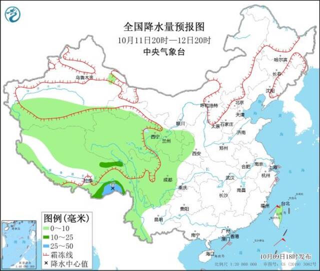 图4全国降水量预报图（10月11日20时-12日20时）