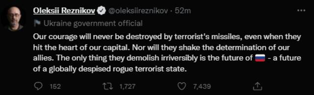 乌克兰防长列兹尼科夫推特截图