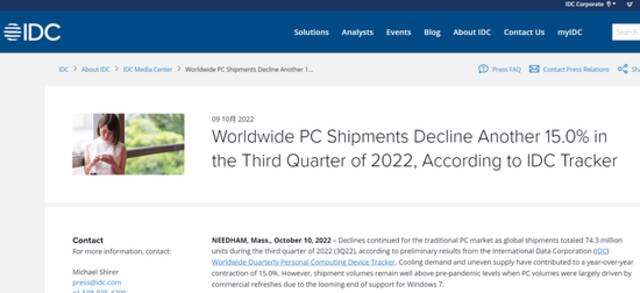 全球PC市场寒冬持续 IDC：Q3出货量再降15%