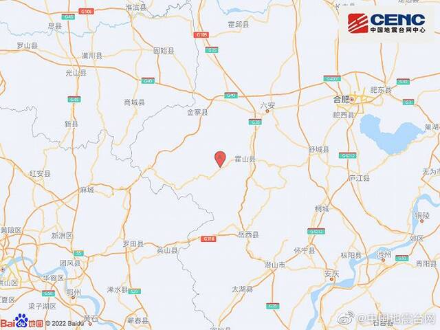 中国地震台网自动测定：安徽六安市霍山县附近发生3.4级左右地震