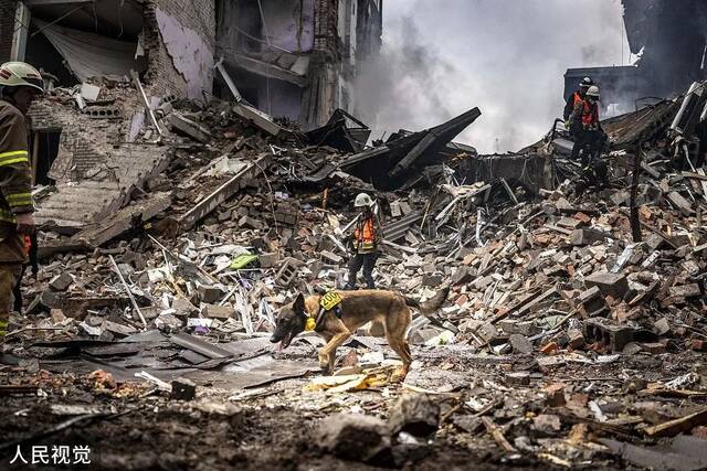 当地时间2022年10月10日，乌克兰扎波罗热，俄罗斯导弹袭击后，消防员带着搜救犬在受损的建筑中进行搜救工作。