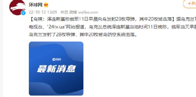 乌媒：泽连斯基称俄军11日早晨向乌发射28枚导弹，其中20枚被击落