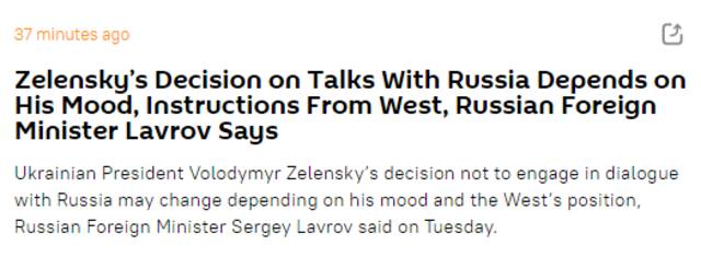 俄外长：泽连斯基是否与俄谈判取决于其“心情”和西方国家的命令