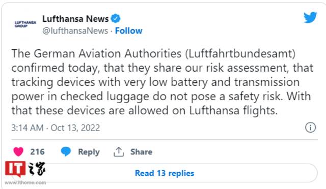 德国汉莎航空现明确允许在航班中使用AirTags追踪器，苹果回应称“这并不危险”