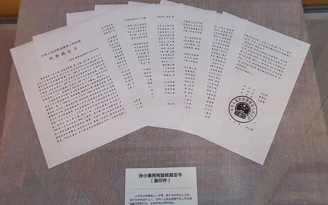 “奋进新时代”主题成就展上展出的孙小果死刑复核裁定书（复印件）。新京报见习记者行海洋摄