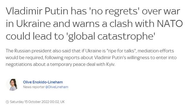外媒：普京称对俄乌冲突“不后悔”，警告北约不要造成“全球灾难”
