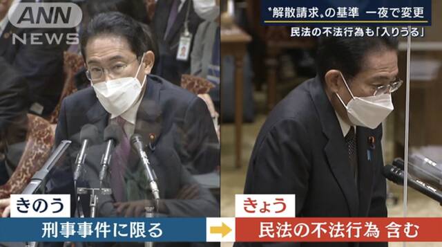 朝日电视台称，关于日本政府是否采取行动请求法院下令解散“统一教”的判断标准，岸田一晚上后改口