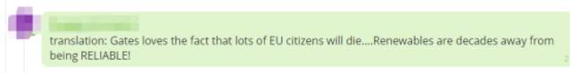 “翻译过来就是：盖茨喜欢很多欧盟公民将会死亡的事实……现在距离可再生能源成为可靠能源还有几十年的距离！”