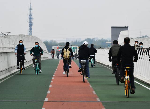 10月20日早高峰时段，市民在北京自行车专用路上骑行。新京报记者王贵彬摄