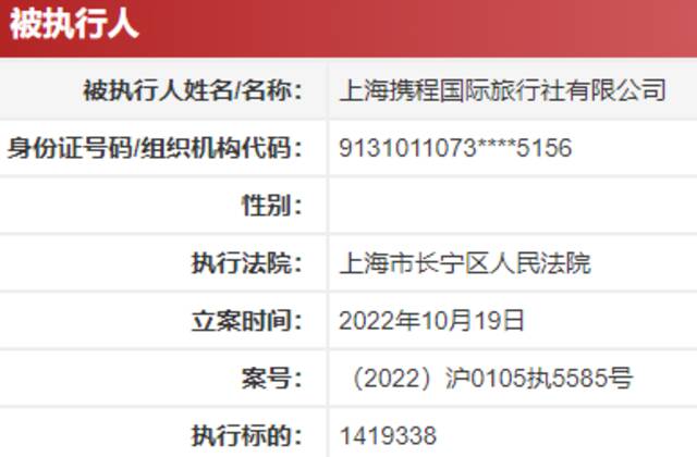 上海携程国际旅行社新增被执行人信息，执行标的约141.93万元