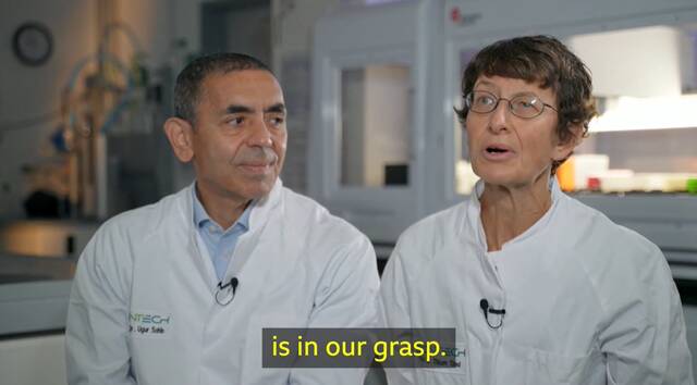 百欧恩泰（BioNTech）创始人夫妇Ugur Sahin和Oezlem Tuereci来源：BBC视频截图